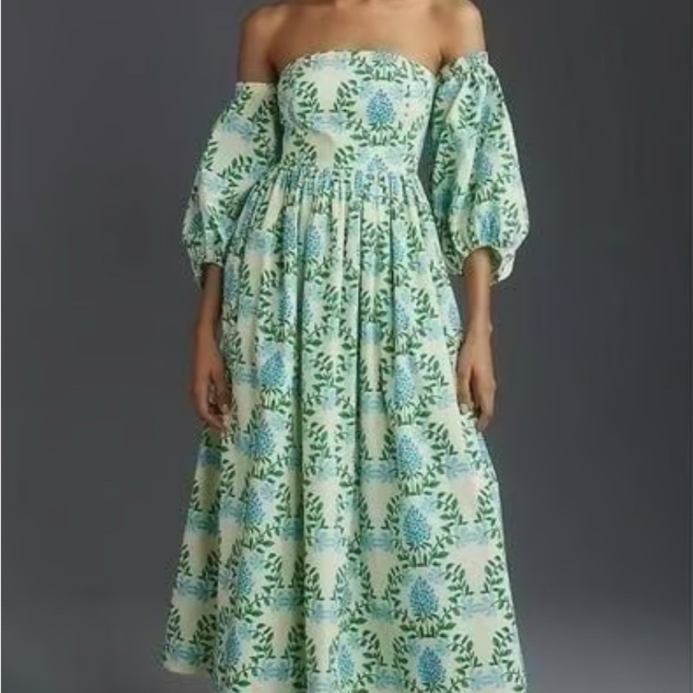 Anthropologie Blue and Green Floral Maxi Dress